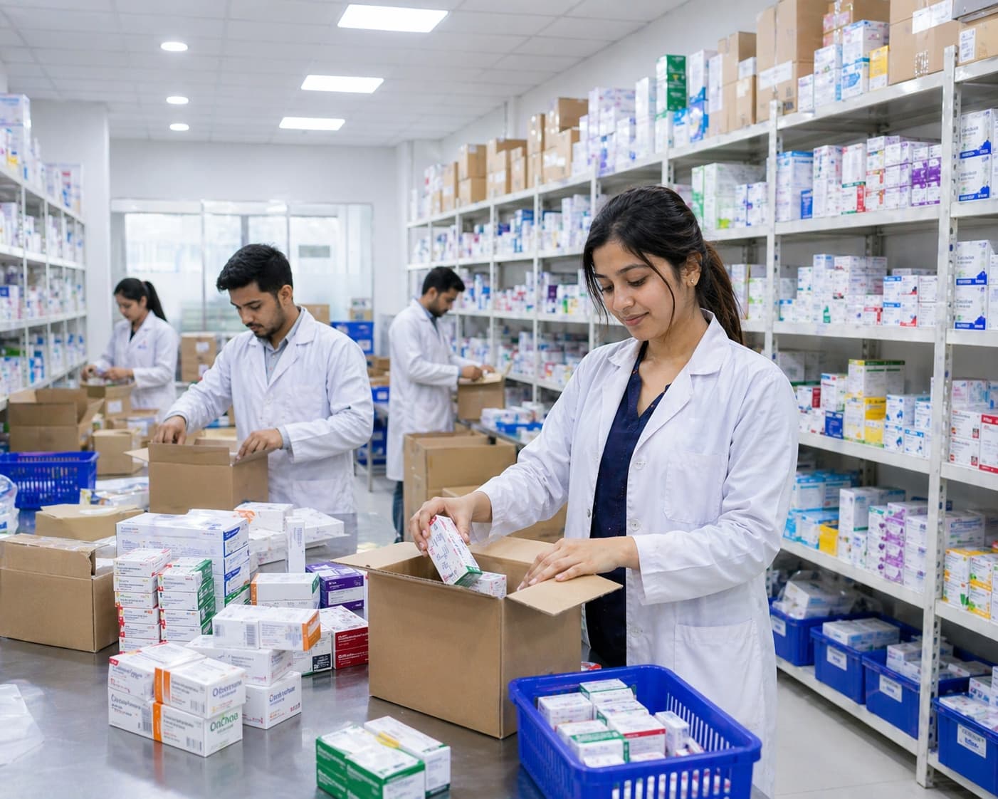 Pharmacy interior with stocked shelves