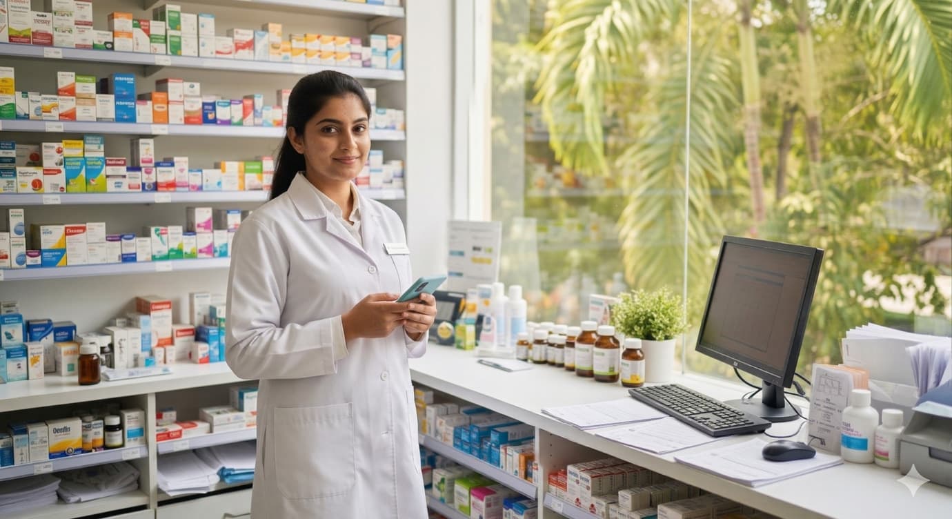 Pharmacist serving patients at the counter